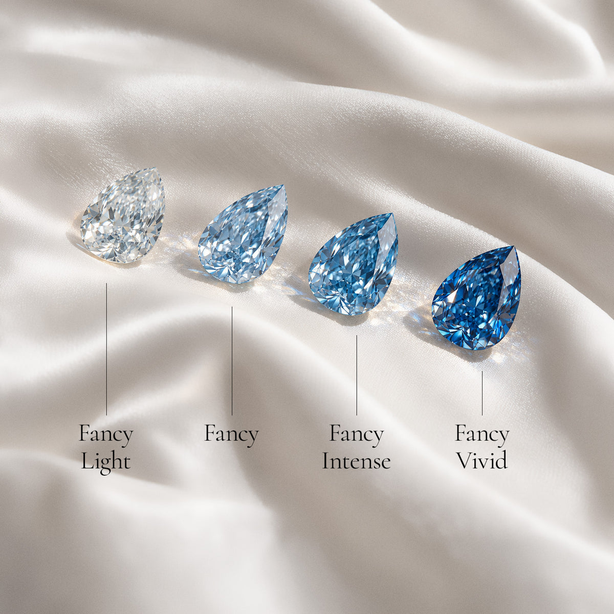 Blaue Lab Grown Diamanten im Tropfenschliff von Fancy Light über Fancy Intense bis Fancy Vivid