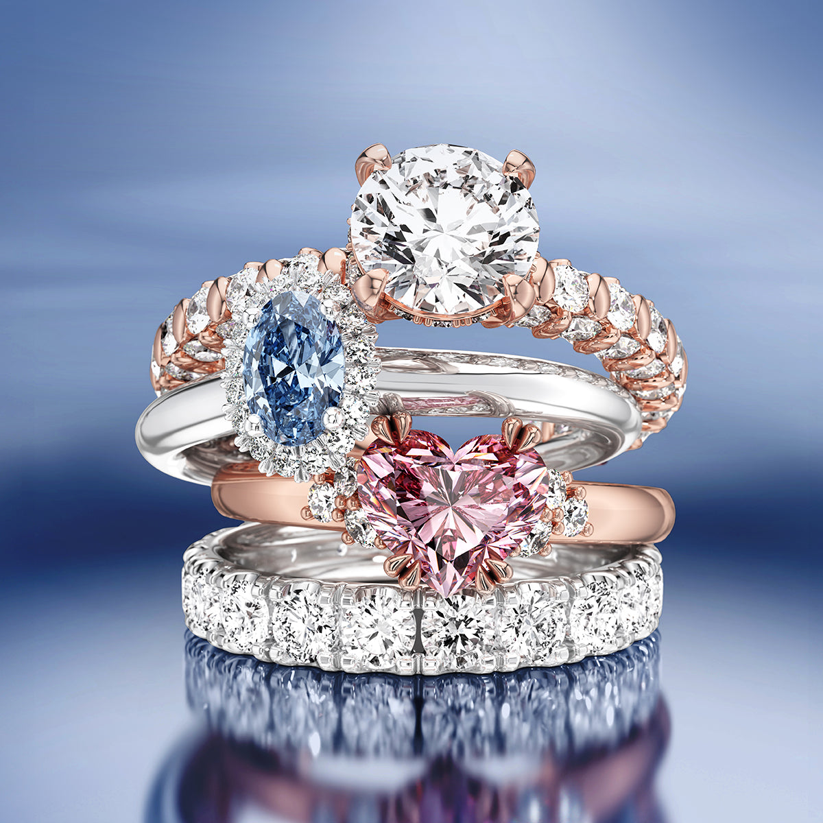 Diamantringe der DIAMONET Fancy Collection mit weißen, blauen und pinken Lab Grown Diamonds